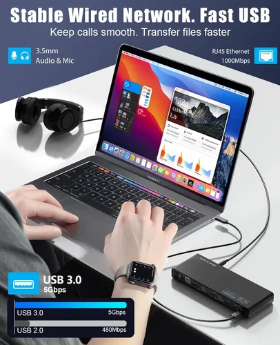 Vista 7 de Estación de acoplamiento WAVLINK Displaylink Dual 4K @60Hz Monitor para Mac, Windows Universal For USB 3.0/USB-C Laptop, 2 HDMI/DP, Gigabit