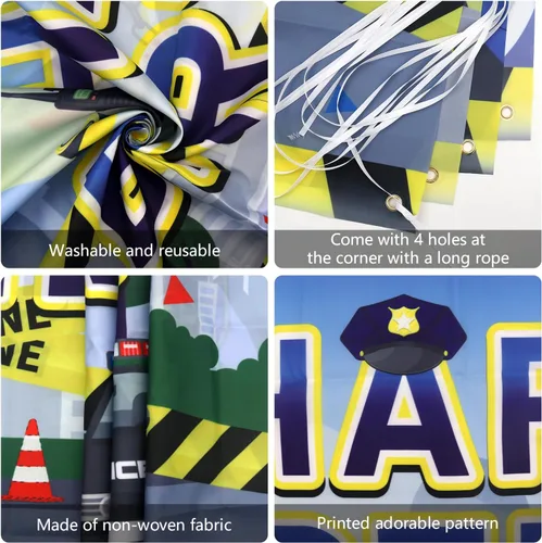 Vista 7 de KEFAN Decoraciones de fiesta de cumpleaños de policía, suministros de vajilla para fiestas temáticas de policía, incluyendo telón de fondo de feliz