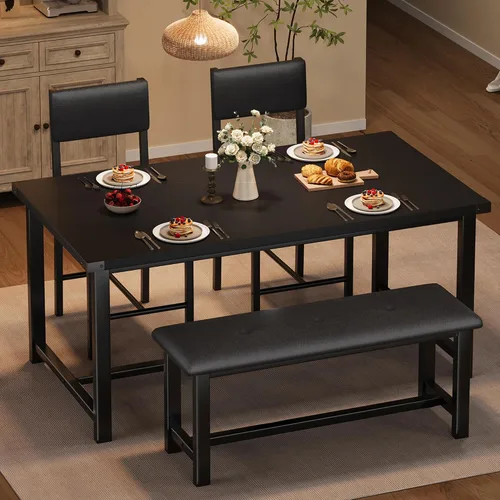 Vista 9 de Juego de mesa de comedor de madera Garvee para 4, mesa de cocina y 2 sillas tapizadas con banco, juego de comedor rectangular, para espacios Mármol