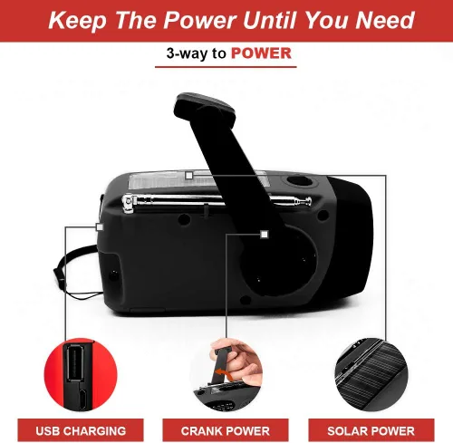Vista 5 de Radio solar portátil de emergencia meteorológica manivela AM/FM NOAA radio de supervivencia con linterna LED 2000mAh cargador de teléfono móvil