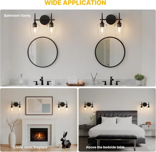 Vista 3 de Luz de Tocador Negra de 2 Luces Estilo Granja Moderno Lámpara de Baño con Pantallas en Forma de Copa de Vino para Espejo de 16 Pulgadas, Aplique