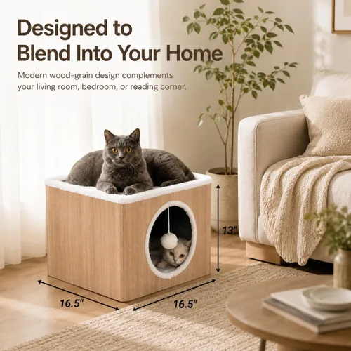 Vista 4 de Casa de condominio para gatos con cojines reversibles y bola esponjosa colgante, cubo plegable para gatos, cama cueva grande para gatitos