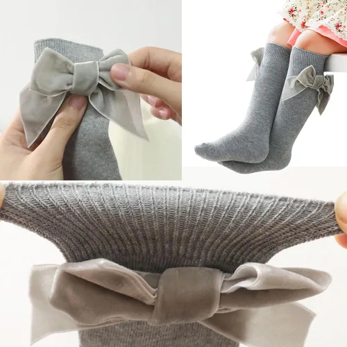 Vista 5 de Calcetines altos hasta la rodilla para bebés niñas, con lazo de punto y moño, calcetines de tubo con volantes para 0-7 años
