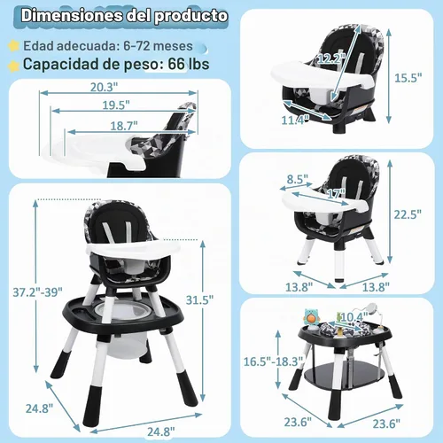 Vista 9 de Xilingol Silla alta convertible 15 en 1, silla alta 2 en 1 para bebé y centro de actividades con juguetes, asiento elevador, mesa de bloques de Negro