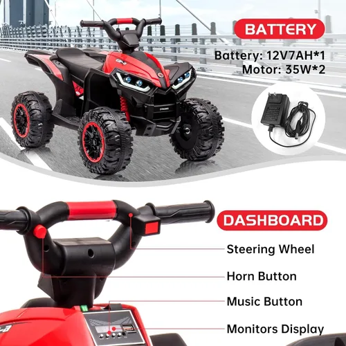 Vista 2 de 12V Kids Ride On ATV, alimentado por batería, eléctrico de cuatro ruedas Rojo