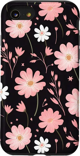 Vista 13 de iPhone 14 elegante flores rosas sobre un fondo negro patrón floral caso