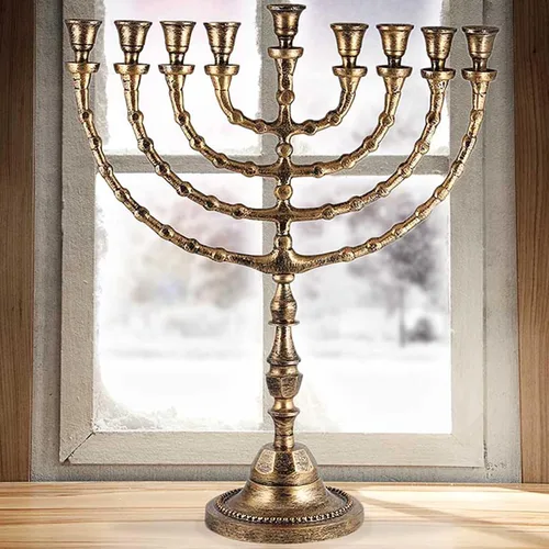 Vista 6 de Menorá tradicional extra grande de Janucá para uso con velas de Shabat o vasos de aceite, Menorá de Hanukkah de aspecto antiguo, para Shul Oro