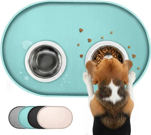 Vista 17 de Tapete de silicona para comida para perros con bolsillo lateral y agujero de gancho, bordes elevados suaves, fácil de limpiar, impermeable, Gris