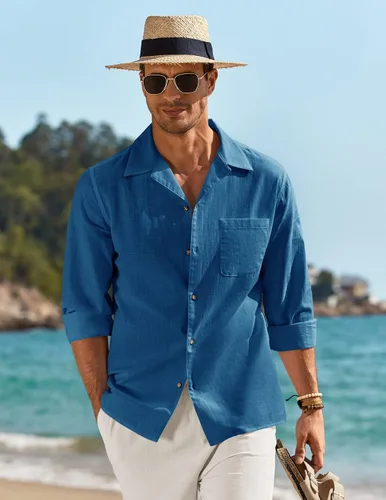 Vista 2 de COOFANDY Camisas de algodón y lino para hombre, de manga larga, casuales, con botones, para la playa