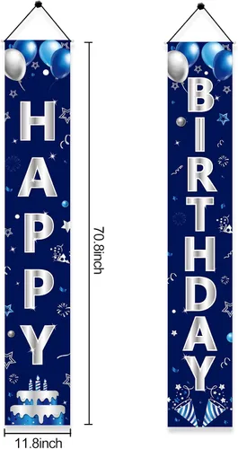 Vista 2 de Turypaty Cartel de feliz cumpleaños azul plateado para hombres y niños, cartel de feliz cumpleaños, porche, suministros de fiesta, decoración