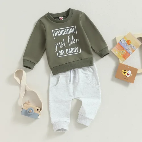 Vista 2 de Ropa de bebé niño de manga larga con estampado de letras de Little Guy, sudadera con pantalones deportivos para otoño