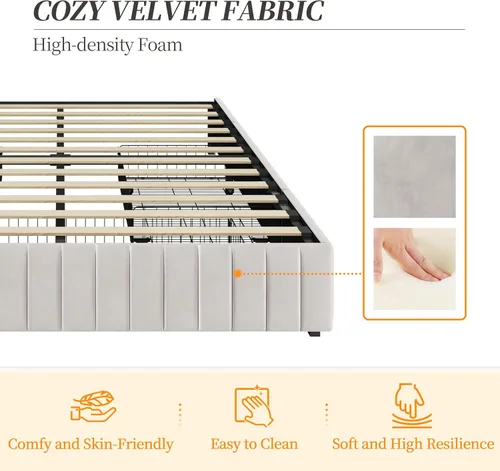 Vista 4 de Yaheetech Bastidor de cama completo con plataforma tapizada con 3 cajones de almacenamiento, gran espacio de almacenamiento/Listones de madera