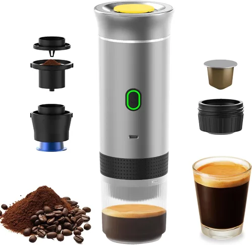Vista 7 de Decdeal Cafetera inalámbrica para el coche, hogar, viajes, cafetera eléctrica 3 en 1, funciona con cápsulas y café molido de 15 bares, mini cafetera