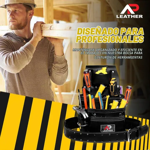 Vista 8 de Bolsa de herramientas de cuero AP LEATHER Pro-015 para construcción, resistente, con soporte para martillo, hebilla, 3 bolsillos grandes