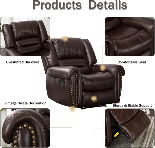 Vista 4 de CANMOV Silla reclinable de cuero, silla reclinable manual clásica y tradicional con cómodos brazos y respaldo, sofá individual para sala de estar