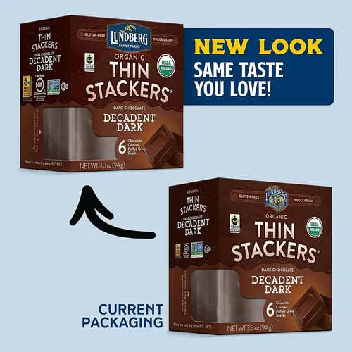 Vista 4 de Lundberg Pastel de arroz orgánico Thin Stackers, chocolate negro decadente, comercio justo, kosher, certificado orgánico USDA, sin gluten y sin OMG