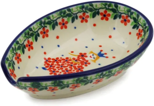Vista 13 de Auténtico soporte de cuchara de cerámica polaca en diseño de amapolas azules hecho a mano en Bolesławiec Polonia por Ceramika Artystyczna +