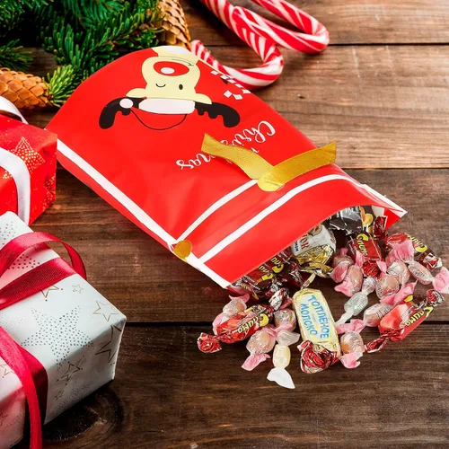 Vista 4 de 50 bolsas de dulces de Navidad, bolsas de regalo de Navidad con cordón de plástico para fiestas de cumpleaños, envoltura de aperitivos, regalo