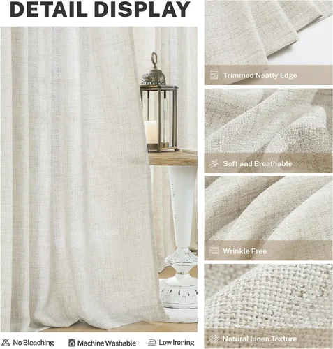 Vista 4 de Cortinas de Lino Natural Color Crema de 84 Pulgadas de Largo para Sala de Estar, Juego de 2 Paneles de Lino Texturizado con Trabillas Traseras