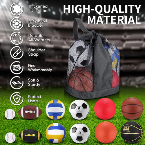 Vista 3 de Deekin Juego de 12 pelotas deportivas surtidas para jóvenes y adultos, tamaño oficial, baloncesto, fútbol, voleibol, fútbol, béisbol, pelota