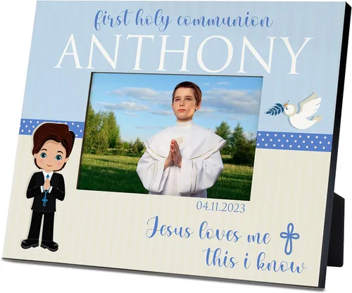 Vista 11 de Regalos de primera comunión para niños y niñas, marco de fotos personalizado de la primera comunión con nombre y fecha, 2 orientaciones para fotos