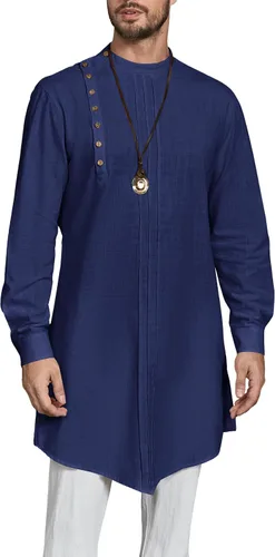 Vista 8 de Kaftan Thobe - Bata de manga larga para hombre, casual, algodón, lino, con botones, camisa musulmana Blanco
