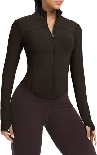 Vista 80 de AVGO Chaquetas de entrenamiento recortadas para mujer, con cremallera, ajustadas, atléticas, con agujeros para el pulgar