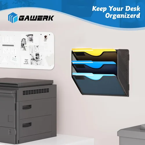 Vista 6 de Gawerk Organizador de archivos de pared colgante de 3 niveles, organizador de papel de correo de malla para colgar carpetas de archivos para oficina
