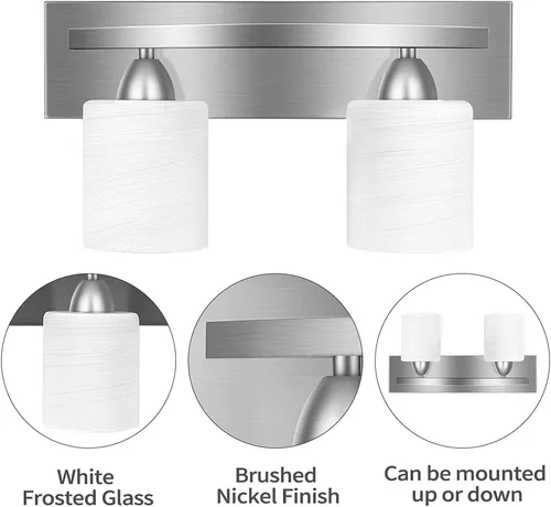 Vista 2 de PARTPHONER - Accesorio de iluminación para tocador de baño - Sobre espejo - Soporte de vidrio moderno - Níquel cepillado, base E26, 2 luces