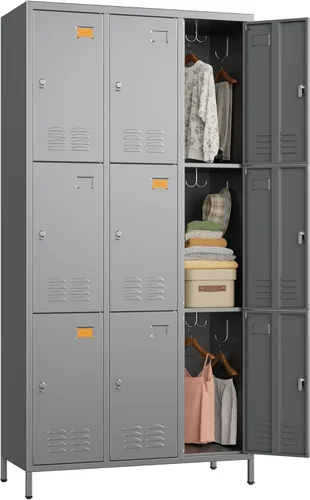 Vista 16 de SUPEER Taquillas metálicas de 9 puertas para empleados con 18 ganchos, taquillas de metal con tarjetero para escuela, garaje, oficina, gimnasio
