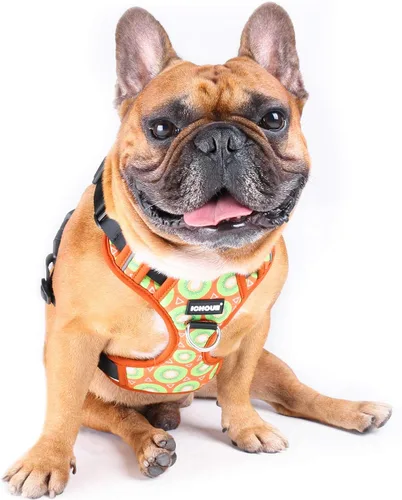 Vista 39 de iChoue Arnés para bulldog francés, ajustable, acolchado, hebilla bloqueada con asa para perros carlino francés, Boston Terrier inglés, azul, talla S