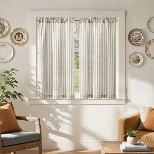 Vista 70 de Jinchan - Cortinas de lino a rayas para cocina, 24 pulgadas, beige, 2