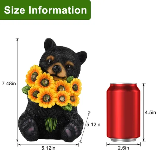 Vista 2 de Luces solares de jardín para exteriores, estatuas de oso negro con girasoles, decoración de escultura, regalos de madre para mujeres, hombres