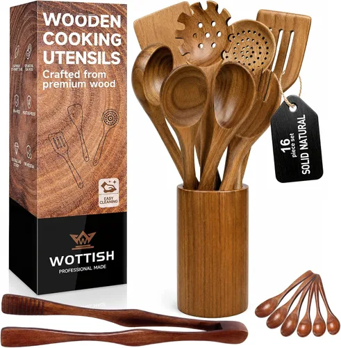 Vista 15 de Cucharas de madera para cocinar, juego de utensilios de cocina de madera, juego de 10 piezas de utensilios de cocina de madera con cucharas