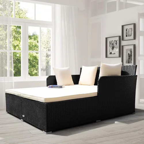 Vista 4 de COSTWAY Sofá Cama de Ratán para Patio Exterior, Sofá de Dos Plazas con Cojines de Esponja y 4 Almohadas, Muebles de Mimbre Cama Solar para Balcón