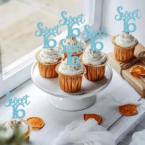 Vista 6 de Ercadio Paquete de 24 adornos azules para cupcakes de 16 cumpleaños, decoración para 16 cumpleaños, aniversario, suministros de fiesta