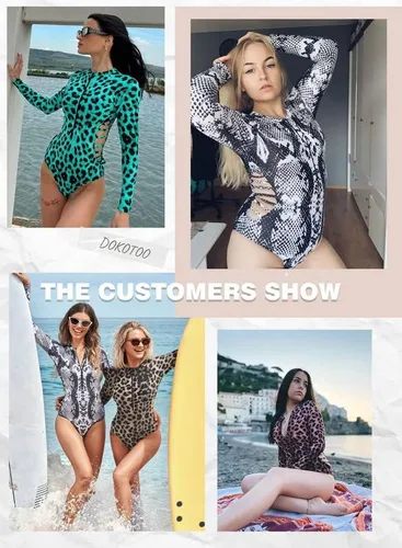 Vista 5 de Dokotoo Traje de baño de una pieza con estampado de leopardo de moda 2023 con cremallera frontal y manga larga para mujer