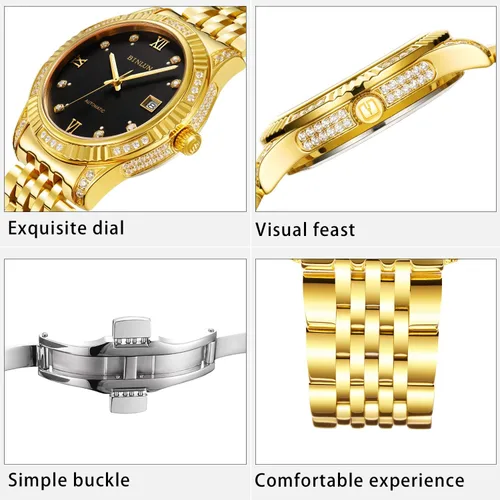 Vista 6 de BINLUN Reloj de pulsera para hombre, mecánico automático, reloj dorado con cuerda automática, elegante, chapado en oro de 18 quilates, relojes