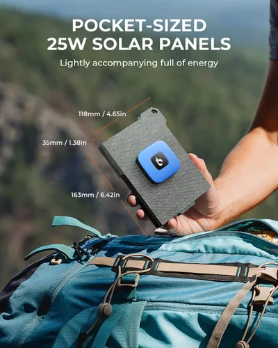 Vista 7 de [Tamaño de bolsillo] BigBlue Cargador de panel solar portátil de 25 W, cargador solar plegable con puertos USB-A y USB-C, panel solar impermeable