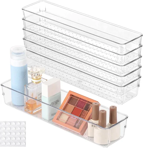 Vista 10 de 6 bandejas organizadoras de cajones de plástico transparente de 6 x 3 pulgadas con 25 almohadillas antideslizantes para maquillaje, joyas