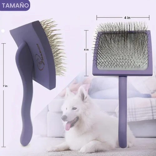 Vista 4 de Slicker - Cepillo ergonómico con mango de madera para caniches, Goldendoodles y otros perros de pelo largo (morado)