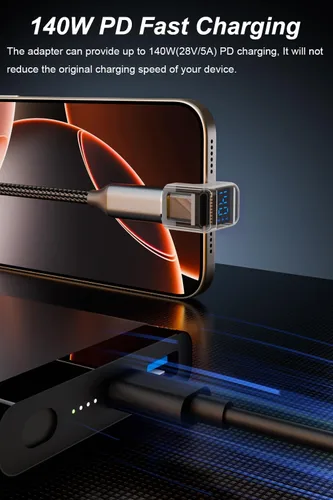 Vista 3 de Jadebones Paquete de 2 adaptadores USB C con pantalla digital, conector USB-C macho a hembra de 180 grados de 140 W para interruptor, iPhone 16/15