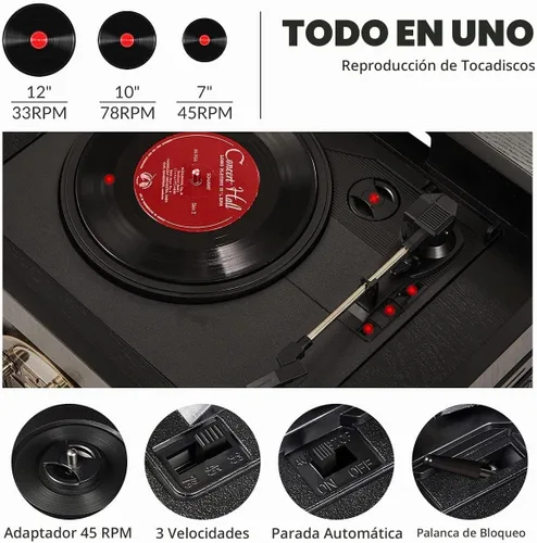 Vista 4 de ORCC Tocadiscos 10 en 1, tocadiscos nostálgicos para discos de vinilo con Bluetooth, 2 altavoces integrados, CD, cassette, radio AM/FM, USB, ranura