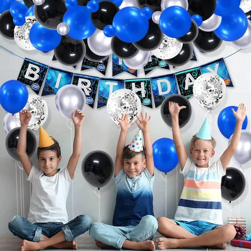 Vista 7 de Juego de globos de color azul real, negro y plateado metálico, 122 unidades, guirnalda de arco de globos azul real y negro para videojuegos