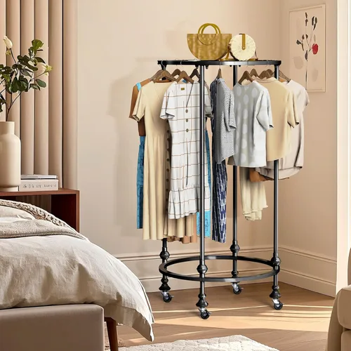 Vista 6 de Perchero redondo con ruedas, estante de ropa multiusos de doble espacio independiente con ruedas y parte superior, organizador de ropa comercial
