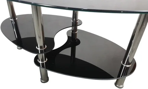 Vista 3 de Mesa de centro de cristal de 2 niveles, mesa de centro de vidrio templado, mesa central moderna rectangular mesa de té ovalada de vidrio con estante