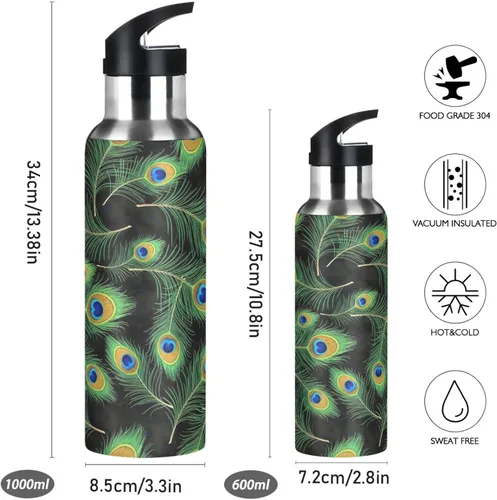 Vista 2 de Insulated Water Bottle 32 Oz, BPA-Free Sports Water Bottle with Straw for Gym Outdoor Travel School, Peacock Feather Black