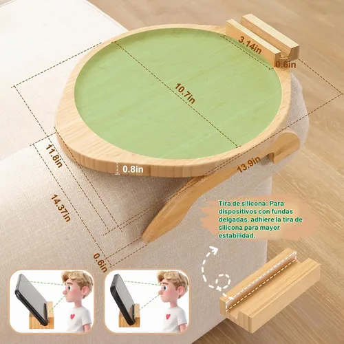 Vista 6 de SINWANT Mesa de brazo de sofá, mesa grande de bambú con clip para sofá con soporte para teléfono de 360°, mesa plegable para reposabrazos de sofá