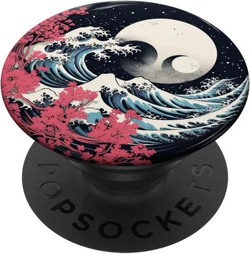 Vista 6 de Japón Cherry Blossom Yin Yang Bonsai Great Wave Moon Night PopSockets MagSafe PopGrip para iPhone