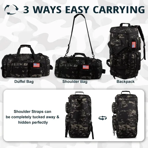 Vista 5 de Bolsa táctica de gimnasio para hombres, 50L grande 3 en 1 bolsa deportiva con compartimento para zapatos para viajes, mochila de viaje resistente al